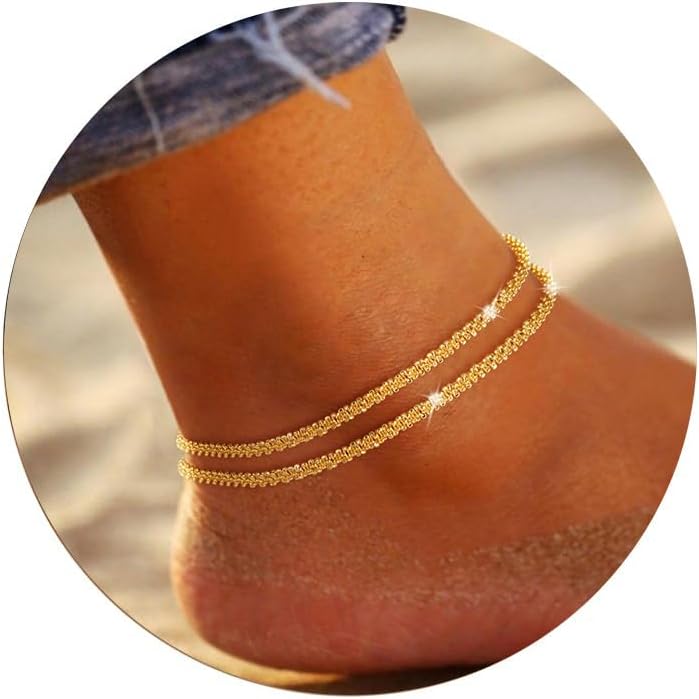 Robaice Ankle Bracelets for Women, Glitter Waterproof Adjustable Anklet for Women, 14K Gold Plated/Sterling Silver Layered Anklets, Summer Beach Anklet Jewelry for Women Gift - Image 1